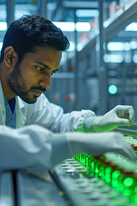 Technician inspecting a biopharma production line