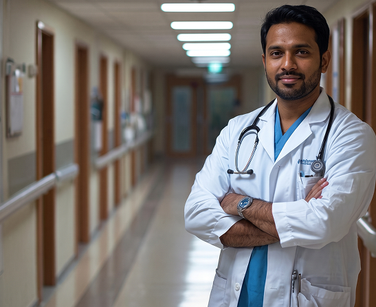 Doctor standing in a hospital corridor